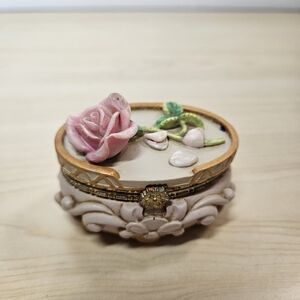 Vintage Miniature Pink and Gold Footed Rose Trinket Box